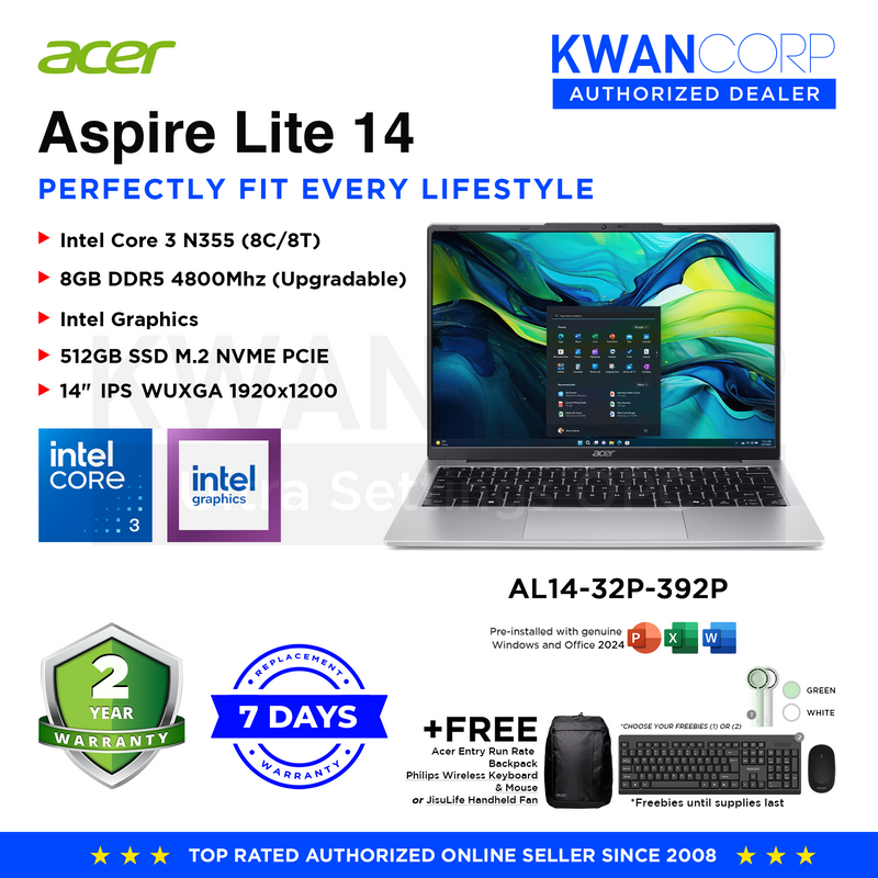 Acer Aspire Lite AL14-32P-392P Intel Core 3 N355 8GB RAM Intel Graphics 512GB SSD 14" IPS WUXGA Windows 11 Student Laptop