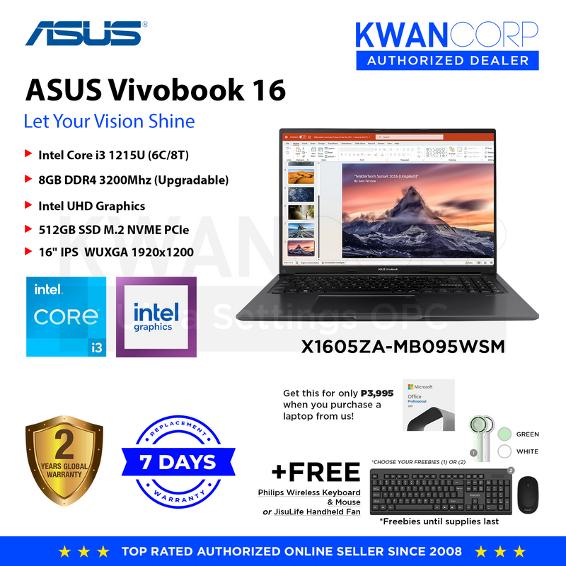 Asus Vivobook 16 X1605ZA-MB095WSM Intel i3 1215U 8GB RAM Intel UHD Graphics 512GB SSD 16" IPS WUXGA Mainstream Laptop