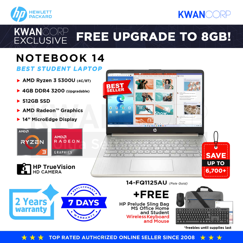 HP Notebook 14-FQ1125AU AMD Ryzen 3 - 5300U 4GB RAM AMD Radeon™ Graphics 512GB SSD 14" MicroEdge Display Laptop