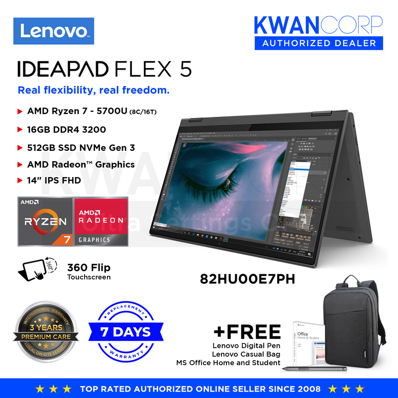 Lenovo IdeaPad Flex 5 82HU00E7PH AMD Ryzen 7 - 5700U 16GB RAM AMD Radeon™ Graphics 512GB SSD Gen 3 14" IPS FHD 360 Flip, Touchscreen