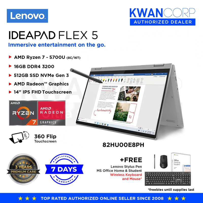 Lenovo IdeaPad Flex 5 82HU00E8PH AMD Ryzen 7 - 5700U 16GB RAM AMD Radeon™ Graphics 512GB SSD Gen 3 14" IPS FHD Touchscreen Display Laptop