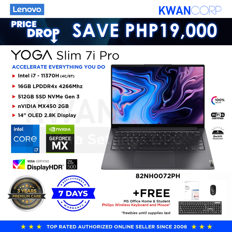 Lenovo Yoga Slim 7i Pro 82NH0072PH Intel i7 11th Gen 16GB RAM nVIDIA MX450 2GB 512GB SSD 14" OLED 2.8K Display Windows 11 Premium Laptop