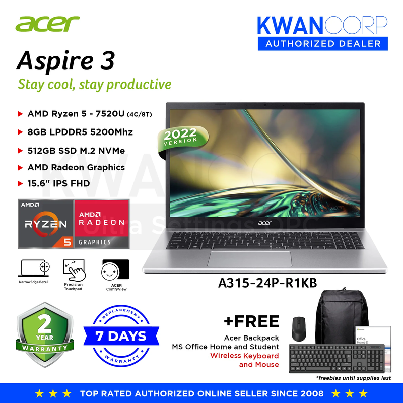 Acer Aspire 3 (2022) A315-24P-R1KB AMD Ryzen 5 - 7520U 8GB RAM AMD Radeon Graphics 512GB SSD 15.6" IPS FHD Windows 11 Laptop