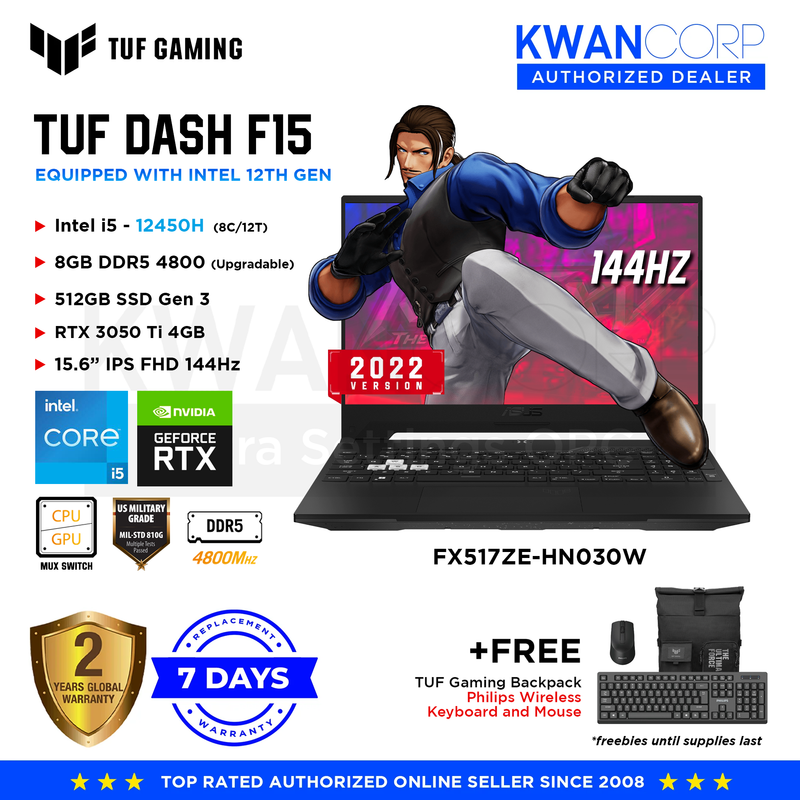 Asus TUF Dash F15 (2022 MODEL) FX517ZE-HN030W Intel i5 - 12450H 8GB RAM RTX3050Ti 4GB 512GB SSD 15.6" IPS FHD 144Hz Gaming Laptops