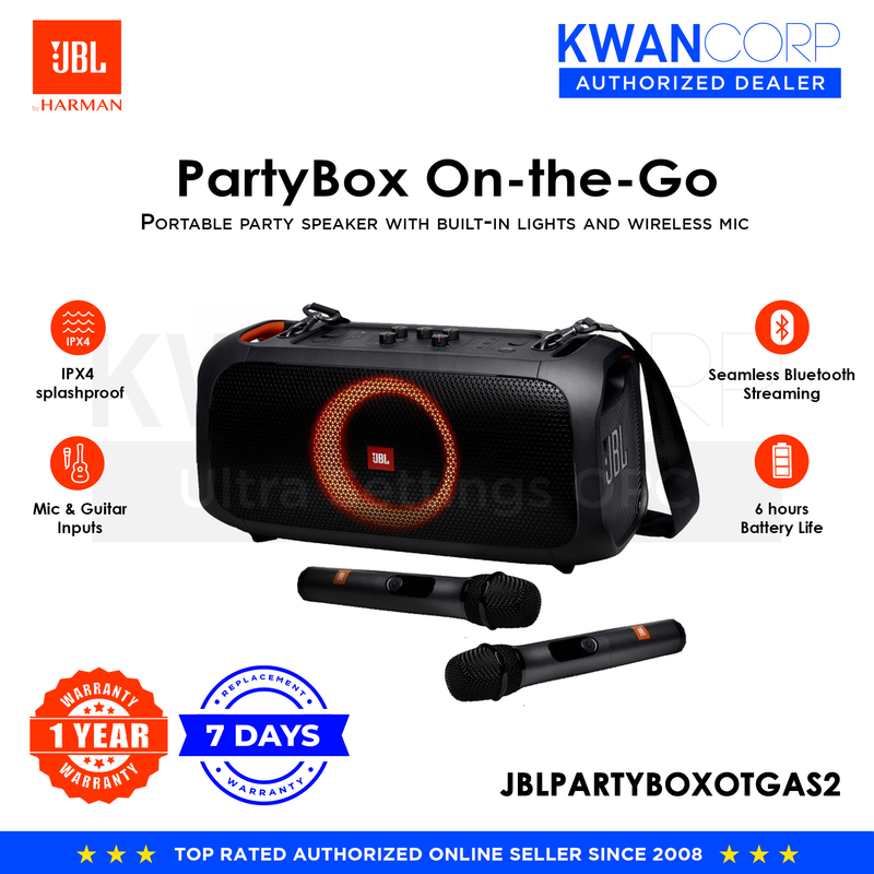 JBL PARTYBOX ON-THE-GO Portable party speaker with built-in lights and wireless mic