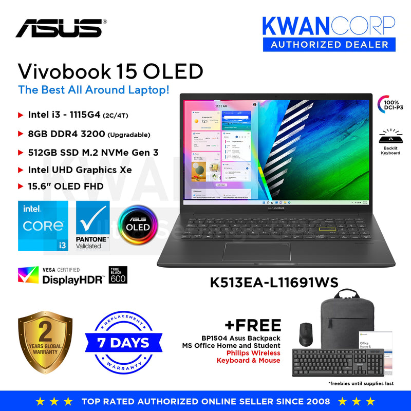 Asus Vivobook 15 OLED K513EA-L11691WS Intel i3 - 1115G4 8GB  RAM Intel UHD Graphics Xe 512GB SSD 15.6" OLED FHD Windows 11 Laptop