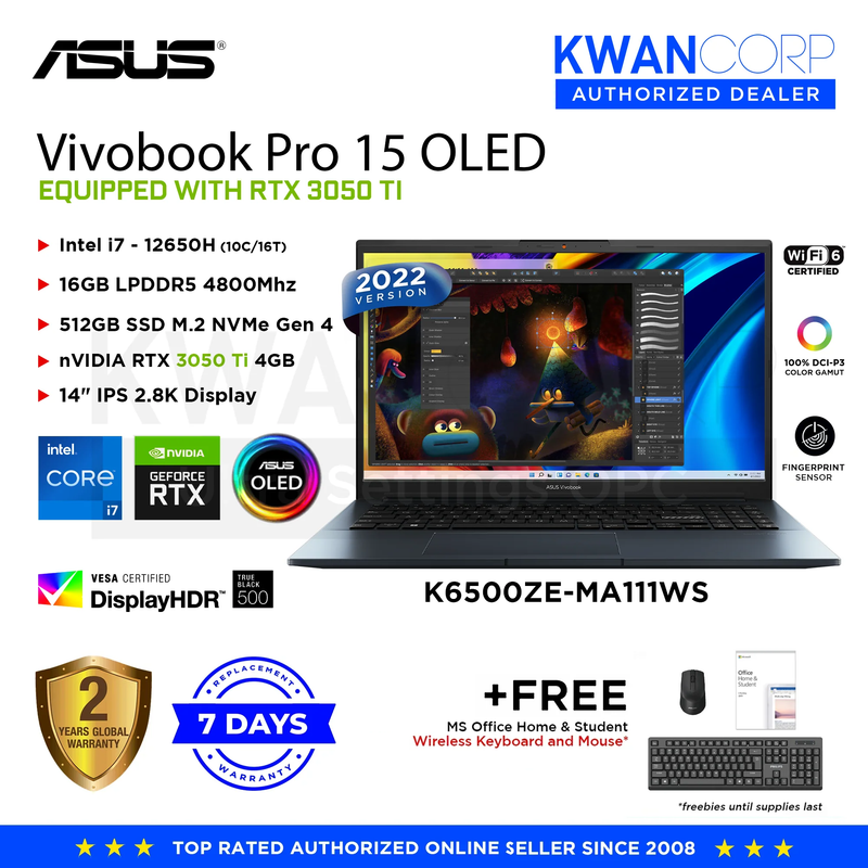 Asus Vivobook Pro 15 OLED(2022) K6500ZE-MA111WS Intel i7 - 12650H 16GB RAM RTX 3050 Ti 4GB 512GB SSD 15.6" OLED 2.8K Display 120Hz Windows 11 Laptop