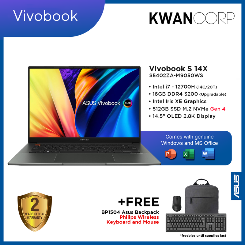 Asus Vivobook S 14X S5402ZA-M9050WS Intel i7 - 12700H 16GB DDR4 3200 Intel Iris XE Graphics 512GB SSD 14.5" OLED 2.8K Windows 11 Laptop