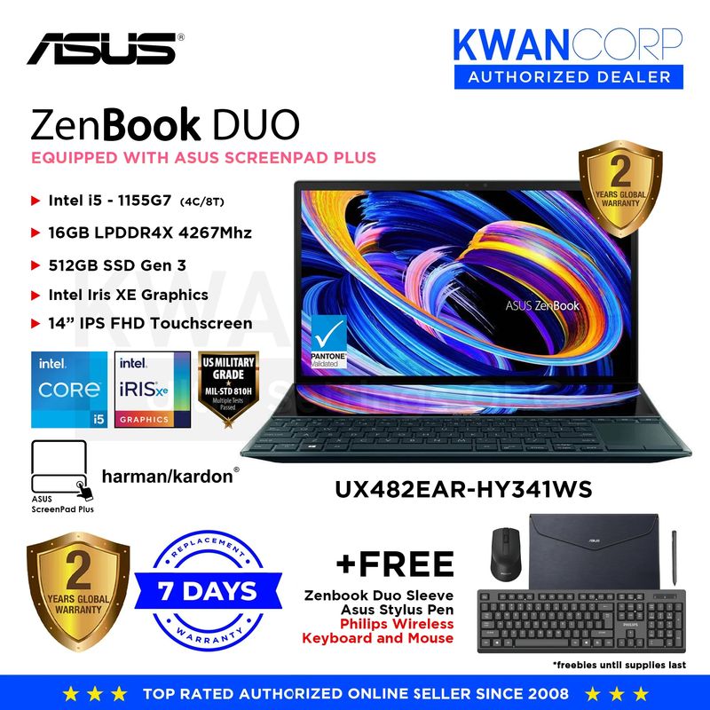 Asus Zenbook Duo UX482EAR-HY341WS Intel i5 - 1155G7 16GB RAM  Intel Iris XE Graphics 512GB SSD Gen 3 14" IPS FHD Touchscreen Asus ScreenPad Plus Premium Laptop