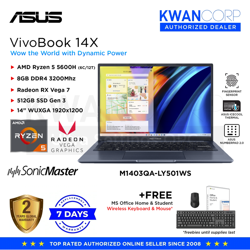 Asus Vivobook 14X M1403QA-LY501WS AMD Ryzen 5 5600H 8GB RAM Radeon RX Vega 7 512GB SSD Gen 3 14" WUXGA Mainstream Laptop