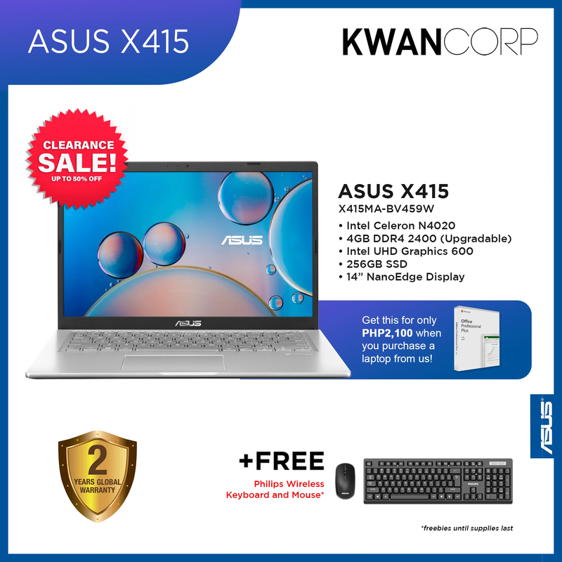 Asus X415MA-BV459W Intel Celeron N4020 4GB RAM Intel UHD Graphics 256GB SSD 14" NanoEdge Display Windows 11 Laptop