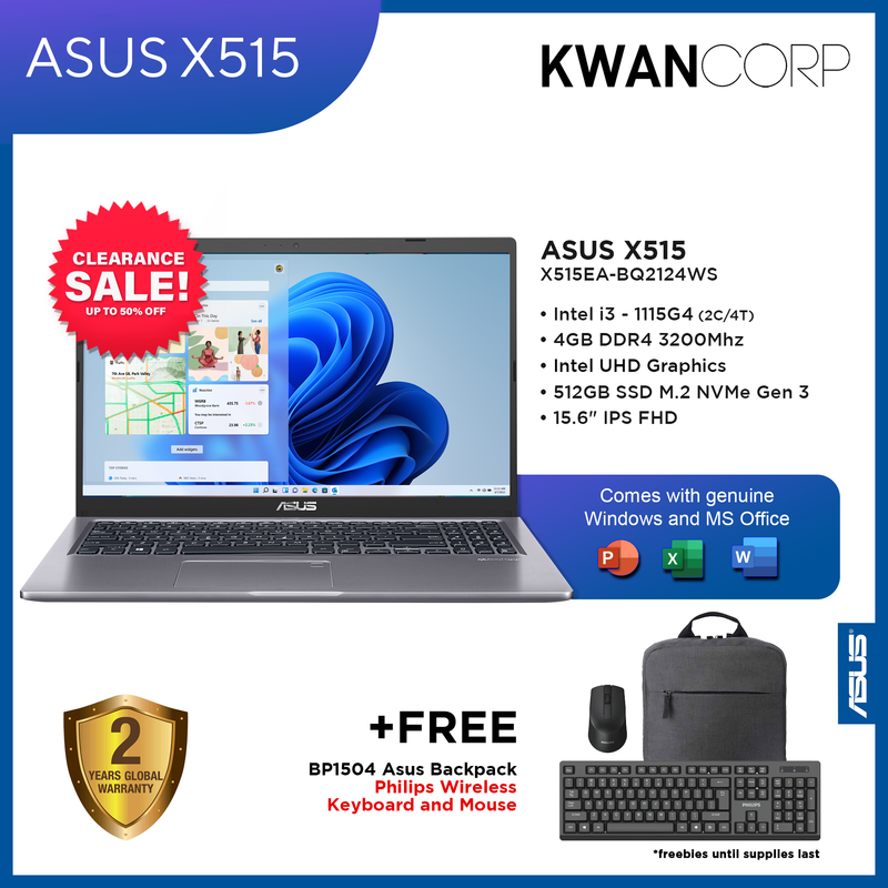 Asus Notebook X515EA-BQ2124WS Intel i3 1115G4 4GB RAM Intel UHD Graphics 512GB SSD 15.6" IPS FHD Windows 11 Laptop